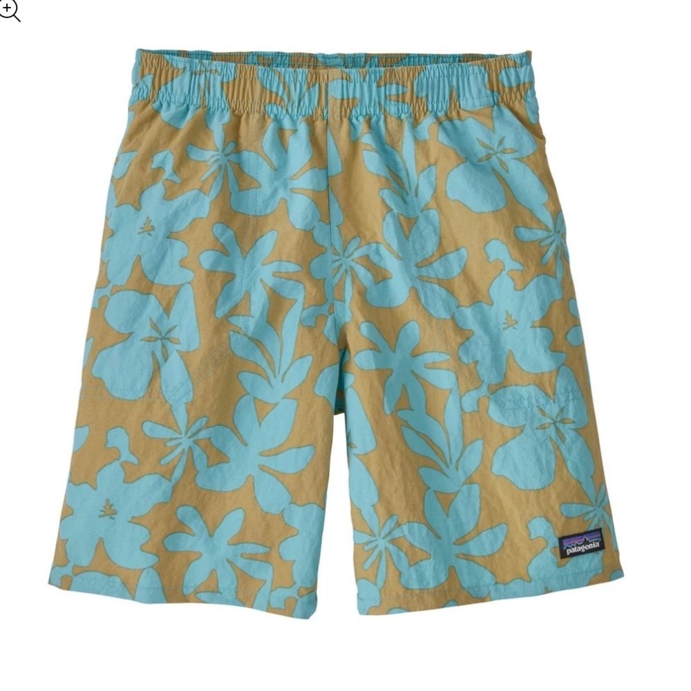 Patagonia Kids Baggies Shorts XL Blue Tan Floral Print Swim Trunks Pockets
